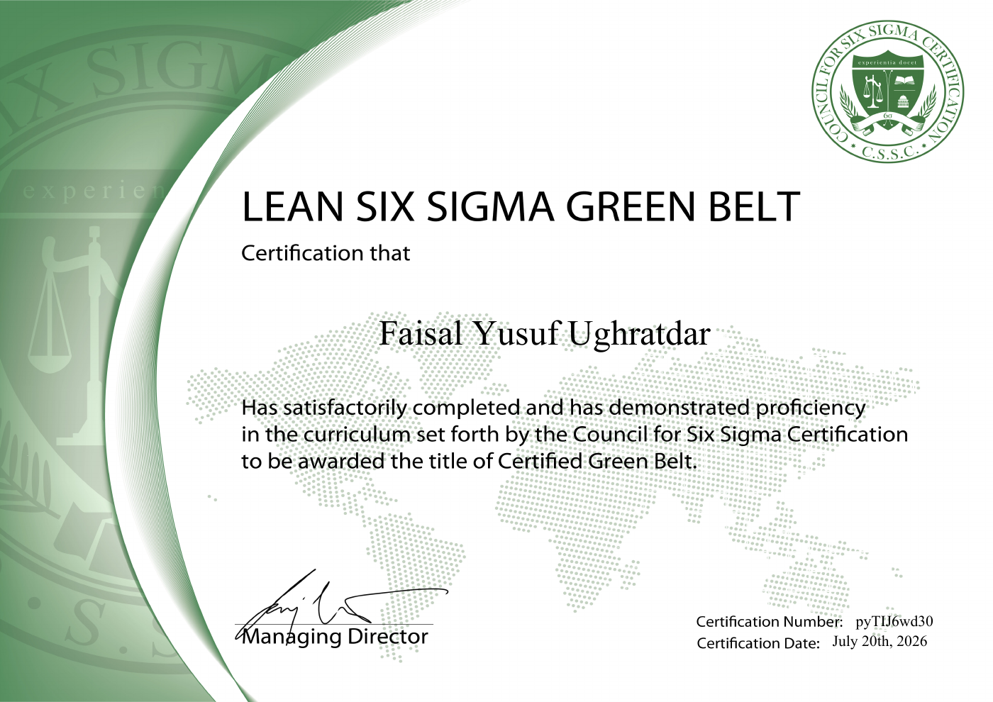 Lean Six Sigma Green Belt certificate awarded to Faisal Yusuf Ughratdar